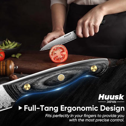 Huusk Damascus Kitchen Utility Knife, Japanes VG10 Small Chef Knives 5 inch with Ergonomic Wooden Handle, Versatile Knife for Vegetable Fruit Meat, Christmas Gift for Men and Women