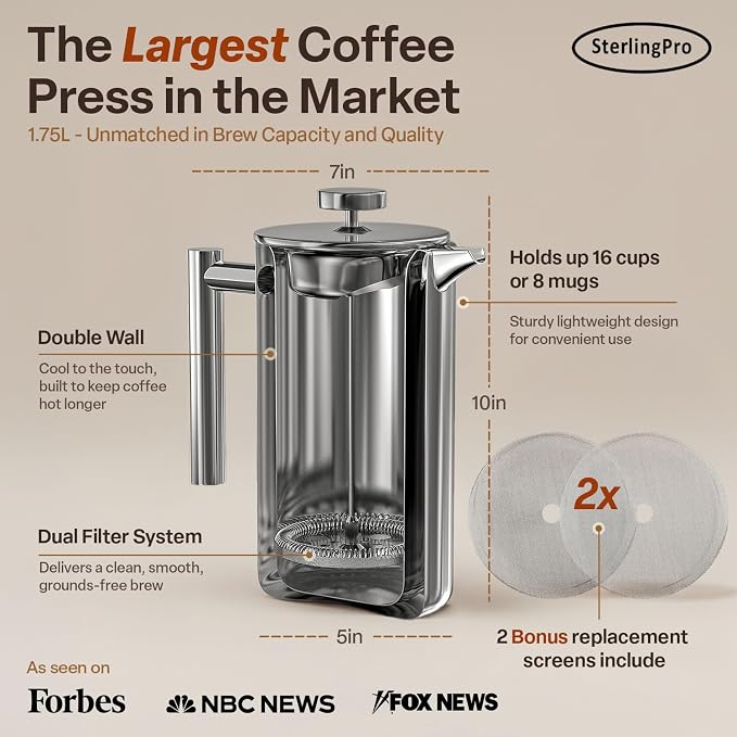 SterlingPro Extra Large Insulated Stainless Steel French Press Coffee Maker 59oz – Insulated Metal XL Double Wall Coffee Maker | Plastic Free | Cool-Touch | Mirror Finish | Makes up to 16 cups /8 mugs