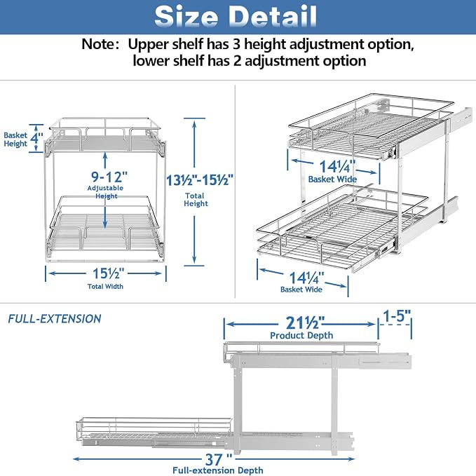 LOVMOR Individual Pull Out Cabinet Organizer, 2 Tier Slide Out Cabinet Drawers, Pots and Pans Organizer and Storage Pantry Shelf for Kitchen (15½" W x 21½" D)