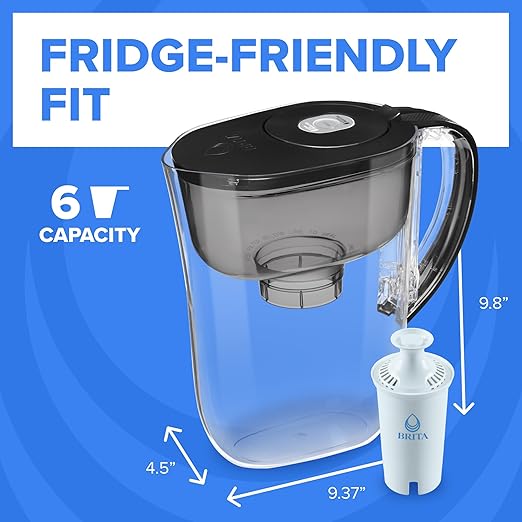 Brita Small 6-Cup Water Filter Pitcher with BritaPlus Filter, WQA NSF/ANSI Certified, Reduces 2X Contaminants vs. Standard, Removes Chlorine Taste & Odor, Reduces Zinc Copper Mercury, Stone Blue