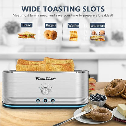 Plum chef 4-Slice Toaster, Extra Wide Long SIot Toaster, 7 Browning Settings,Defrost/Reheat Functions, Removable CrumbTray, Stainless Steel Housing,Anti-Fingerprint & Anti-Jam (Stainless Steel)