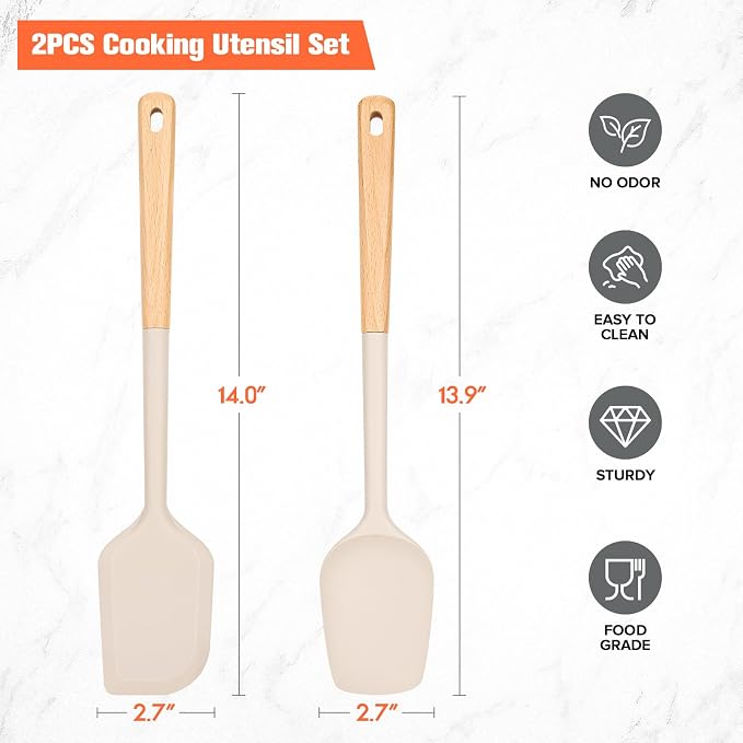 Large Silicone Rubber Spatula Scrapers 14" with Long Wood Handle, Heat Resistant, Essential Baking Tools for Mixing, Stirring, Scraping, Spreading for Nonstick Cookwares, Pack of 2 (Khaki)