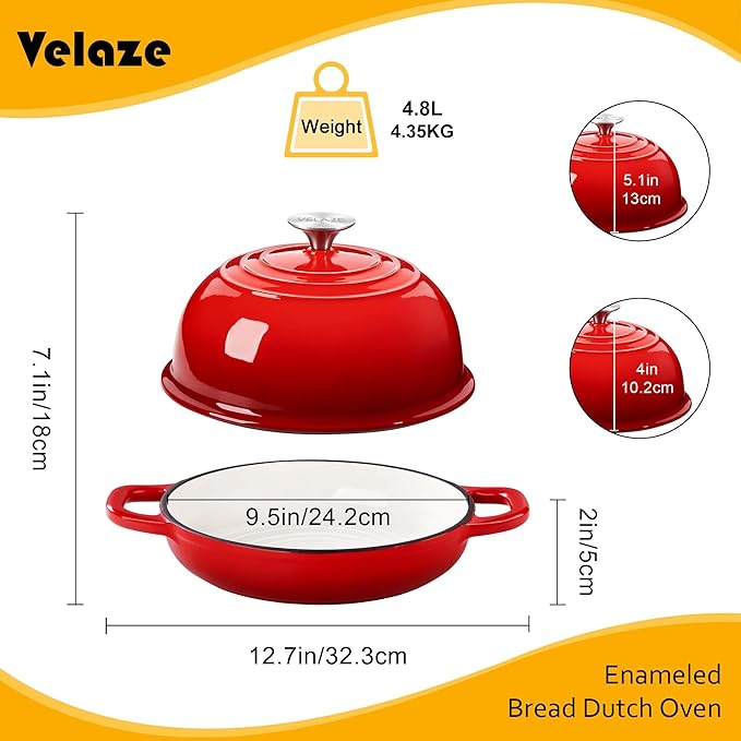 Velaze Enameled Cast Iron Dutch Oven for Bread Baking,5 QT Bread Oven Pot with Dome Lid for Crispy Artisan Bread & Bakery-Style Homemade Loaves(Red)