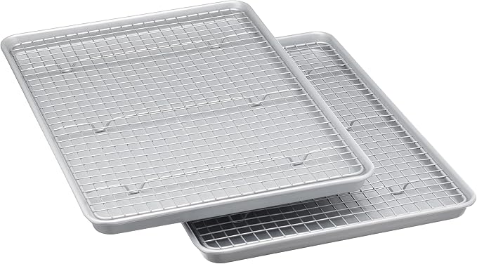 Amazon Basics Ceramic Nonstick Baking Sheets & Cooling Rack Set, Dishwasher Safe, Oven Safe, Half Sheet Size, Gray, 2-Pack