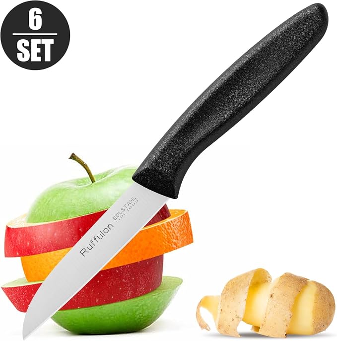 Stainless Steel Paring Knife Set (6 Pieces)，Ultra Sharp Vegetable and Fruit Knife, Black Paring Knife with Straight Edge，Small Kitchen Knife with PP Plastic Ergonomic Handle