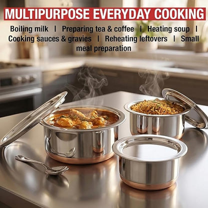 CRAFTONE Stainless Steel Copper bottom Tope Set with Lid, Cookware Set of 3 Pcs Gas Stove Friendly multi purpose Container Pot Set (60 Oz, 47 Oz and 33 Oz)