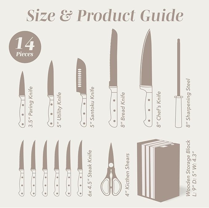 COOK WITH COLOR 14 Pieces Kitchen Knife Block Set, Knives for Kitchen, Forged Cutlery with Razor-Sharp High Carbon Steel Blades, Magnetic Block