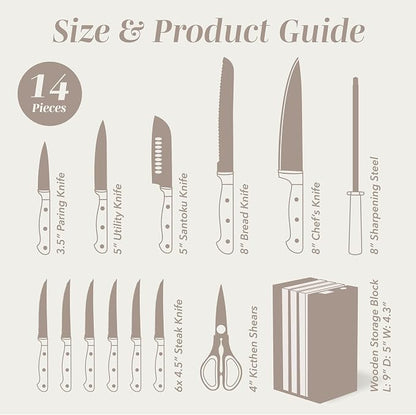 COOK WITH COLOR 14 Pieces Kitchen Knife Block Set, Knives for Kitchen, Forged Cutlery with Razor-Sharp High Carbon Steel Blades, Magnetic Block