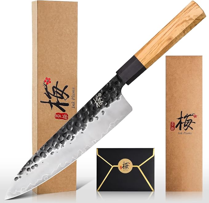 8 Inch Japanese Chef Knife, Hand Forged High Carbon Steel Gyuto Kitchen Knife for Meat Vegetables Cutting, Professional Cooking Knife with Olive Wood Octagonal Handle & Gift Box
