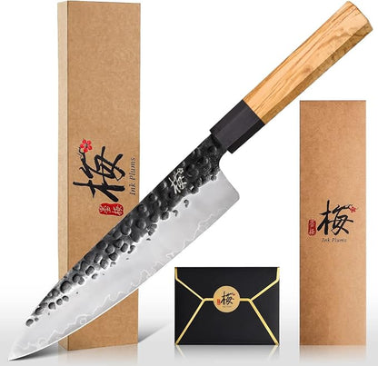 8 Inch Japanese Chef Knife, Hand Forged High Carbon Steel Gyuto Kitchen Knife for Meat Vegetables Cutting, Professional Cooking Knife with Olive Wood Octagonal Handle & Gift Box