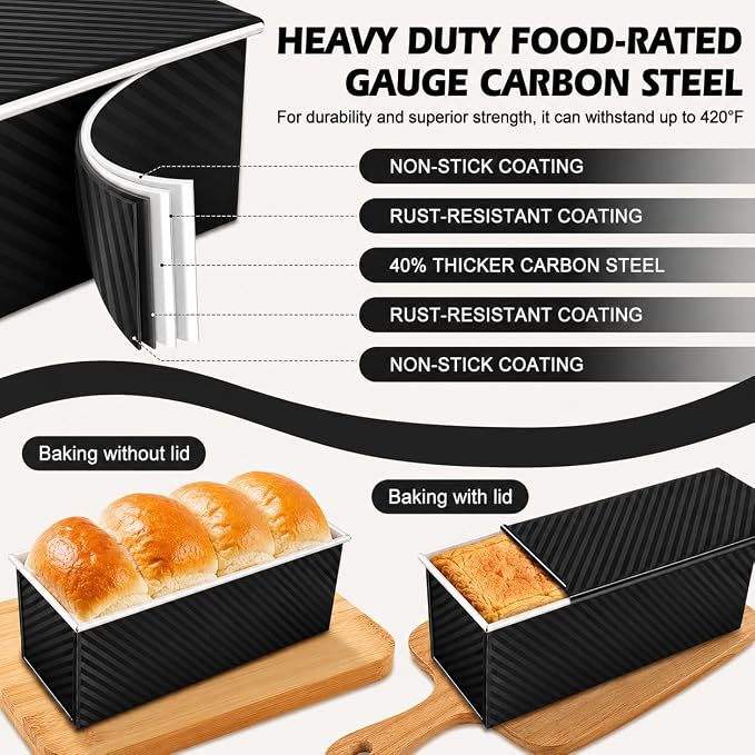 Bread Loaf Pan with Lid, 2-Pack, 2.2LB & 1LB | Food-Grade Nonstick Coating, Easy Release, Perfect Loaf Shape, Corrugated Design, Oven Safe up to 450°F
