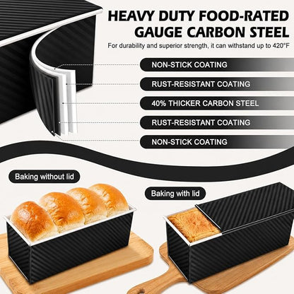 Bread Loaf Pan with Lid, 2-Pack, 2.2LB & 1LB | Food-Grade Nonstick Coating, Easy Release, Perfect Loaf Shape, Corrugated Design, Oven Safe up to 450°F