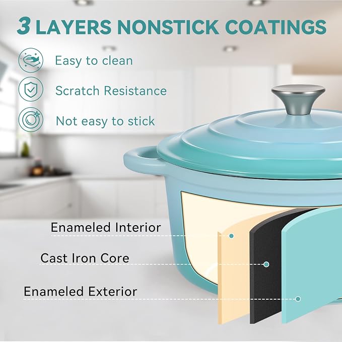 Miereirl 6 Quart Enameled Dutch Oven Pot with Lid, Cast Iron Dutch Oven with Dual Handles for Bread Baking, Cooking, Non-stick Enamel Coated Cookware, Light Blue
