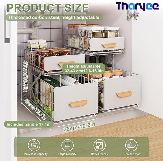 2 Tier Pull Out Pull out Cabinet Organizer with Adjustable Height, Under Sink Organizer, Slide out Pantry Shelves Drawer Storage for Kitchen Organization (White, 2 Tier)