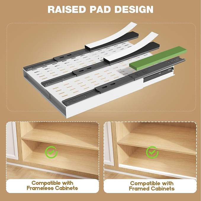 Seinloes Pull Out Cabinet Organizer, 4-Side Expandable to Fit Most Cabinets, 3 Rail Slide Out Drawers with Raising Pad for Framed & Frameless Cabinets, 11"-16" W x 17"-24" D, White, 2 Pack