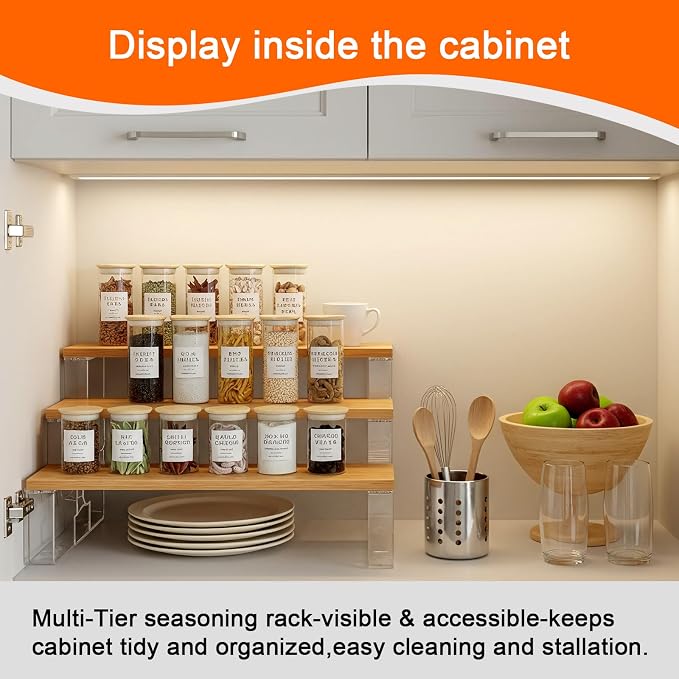 junyuan Spice Rack Organizer for Cabinet,3 Tier Spice Organization for Kitchen,Bathroom Organizers and Storage,Seasoning Countertop Shelf,Bamboo Display Shelves Racks,Clear 14"