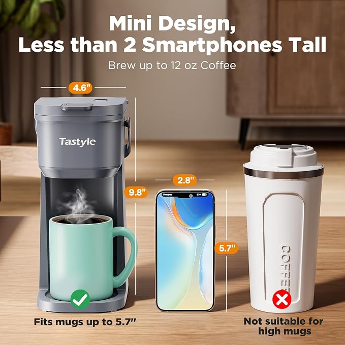 Tastyle K302 Single Serve One Cup Coffee Maker, for K Cups and Grounds, Mini Coffee Maker with Portable Handle, 6 to 12 Oz Brew Size, for Travel, Camping, Office, RV and Dorm, 120V, Cool Gray