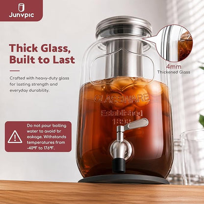 JunVpic Cold Brew Coffee Maker – 128oz / 1 Gallon Wide Mouth, Leakproof Heavy-Duty Glass Pitcher with Filter & Spigot for Iced Coffee, Lemonade, Ice Tea & Fruit Drinks