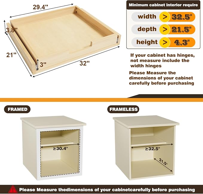 Pull Out Cabinet Organizer, 32''W×21''D Sliding Drawers for Cabinets, Soft Close Slide Out Wooden Pull out Drawers, Base Cabinet Organization for Kitchen, Pantry, Bathroom