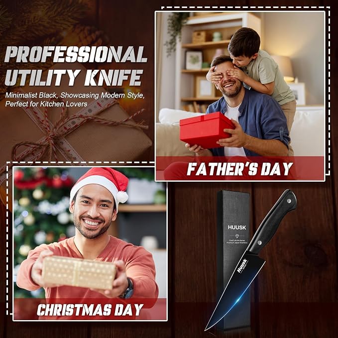 Huusk Japanese Kitchen Utility Knife 5.7in - Titanium Coating Blade Small Kitchen Knife, Sharp Mini Chef Knives for All Purpose, High Carbon Stainless Small Chef Knifes, Gifts Idea for Men
