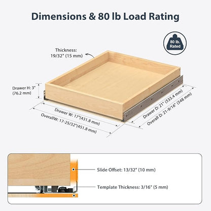 Pull Out Drawers for Kitchen Cabinets 17" W x 21" D Birch Wood | Pull-Out Cabinet Drawer, Slide Out Shelf, Concealed Soft-Close Full-Extension Slides, Bottom & Side Mount, 80 lb Heavy-Duty