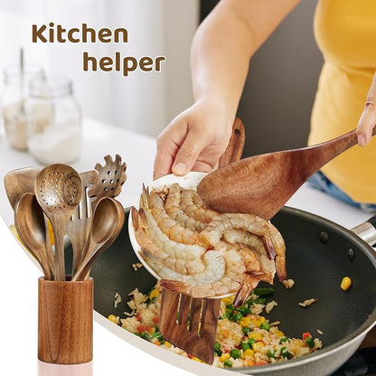 Wooden Spoons for Cooking - 10 Piece Natural Teak Wood Kitchen Utensil Set, Wooden Spoons Set with Holder, Spoon Rest & Hooks, Wooden Spatula Set with 7 metal hooks