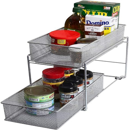 YBM HOME Pack of 3 Silver 2 Tier Mesh Sliding Spice and Sauces Basket Cabinet Organizer Drawer 2304-3