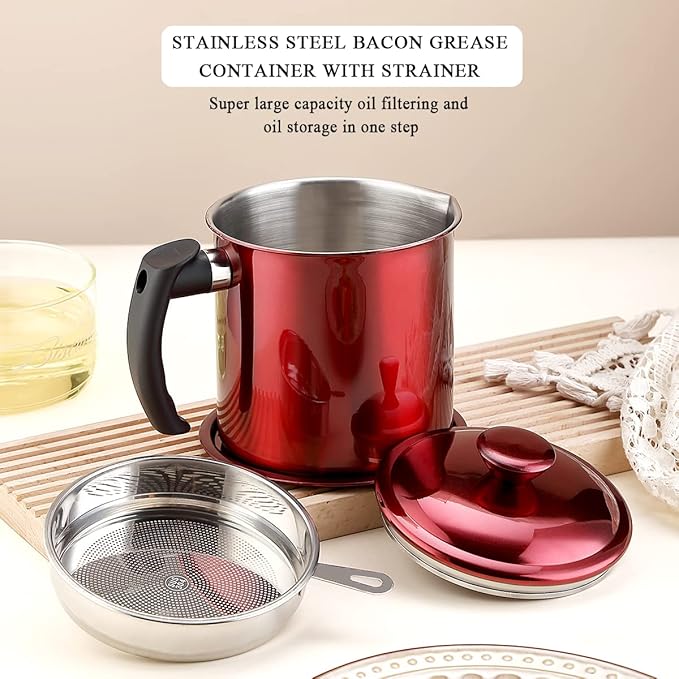 Kyraton Bacon Grease Container With Strainer, 48 oz Metal Shining Red Stainless Steel Oil Container, Pot Fat Storage With Lid, Easy Grip Handle Suitable For Storing Frying Oil And Cooking Grease