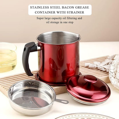 Kyraton Bacon Grease Container With Strainer, 48 oz Metal Shining Red Stainless Steel Oil Container, Pot Fat Storage With Lid, Easy Grip Handle Suitable For Storing Frying Oil And Cooking Grease