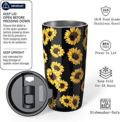 TILUCK 20 oz Insulated Tumbler with BPA-Free Lid, Stainless Steel Vacuum Travel Coffee Mug, Double Wall Coffee Tumbler for Cold Drinks（20oz，Sunflower）
