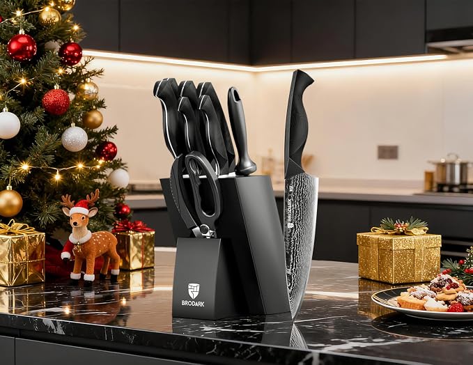 BRODARK Knife Set, Damascus Kitchen Knife Set with Block, 9 Pieces Sharp Professional Japanese Chef Knives with Ergonomic Full-Tang ABS Handle for Home, Restaurant -Christmas Gift, Dark Horse Series