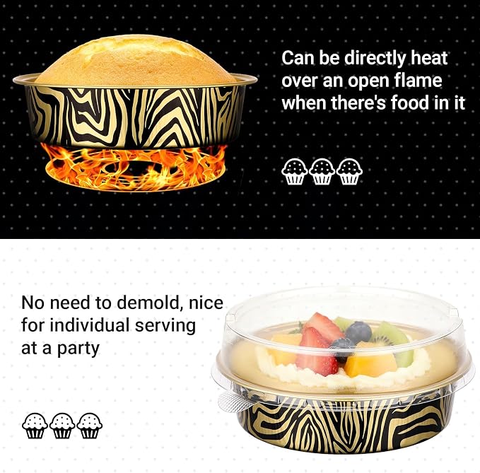 Beasea Disposable Cupcake Pans with Lids, 100 Pack 7.3oz Aluminum Baking Foil Tart Pie Tins, Small Round Tart Containers for Individual Dessert Muffin Cheesecake Quiche Oven Dishes - Tiger Stripes