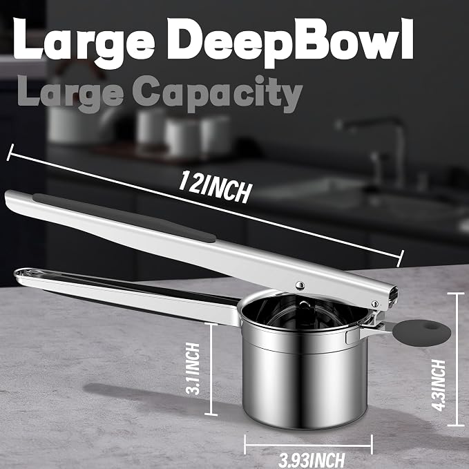 Large 15oz Potato Ricer for Mashed Potatoes, Heavy Duty 18/8 Stainless Steel Potato Masher for Baby Food & Spaetzle Maker, Masher and Ricer Kitchen Tool, Press and Mash Kitchen Gadget, Black