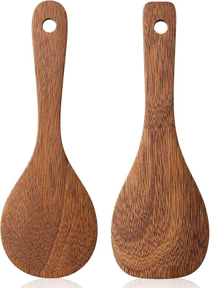 2 PCS Wooden Rice Spoon, 8.7'' Rice Serving Paddle Non Stick, Versatile Cooking Spoon Heat Resistant Cooking Utensils for Non Stick Cookware Serving Mixing Baking
