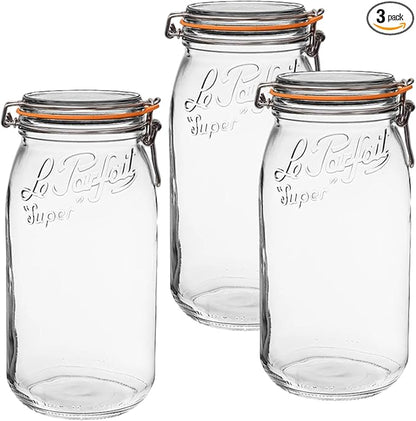 Le Parfait Super Jar 3L (96oz) French Glass Preserving Jar w/Airtight Rubber Seal & Wire Bail Closure - BPA-Free Canning Jar for Pickles, Fruit, Sauce& Food Storage - Made in France Since 1930 3PK/CP