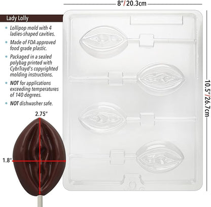 Cybrtrayd 45StK25R-XX525 Lady Lolly Adult Chocolate Candy Mold with Lollipop Supply Bundle, Includes 25 Lollipop Sticks, 25 Cello Bags and 25 Red Twist Ties, Black