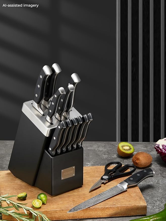 Knife Set, FOHERE 14 Pieces Self Sharpening Knife Block Set, High Carbon Stainless Steel Waved Pattern Knife Set with Block, Rust & Stain Resistant Kitchen Knives and Triple Riveted Handle, Black