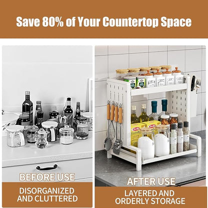INGIORDAR Spice Rack 2 Tier Metal Standing Kitchen Seasoning Storage Shelf with Hanging Basket Pull Out Countertop Organizer for Counter, Cabinet, Pantry, Bathroom, Bedroom (White)