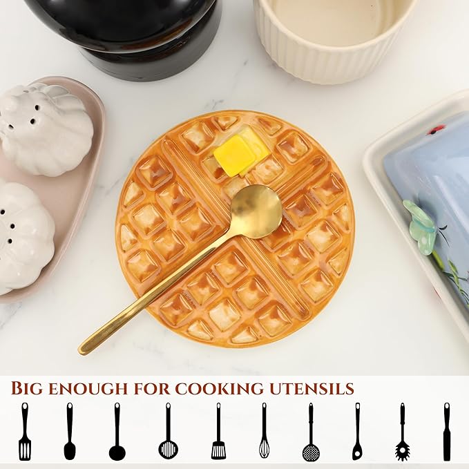 Waffle Spoon Rest for Stove Top, Cute Spoon Holder for Kitchen Counter Cooking Utensil Rest Ceramic Coffee Spoon Rest, Yellow Kitchen Counter Decor (Round Waffle Spoon Holder)