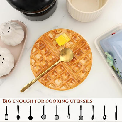 Waffle Spoon Rest for Stove Top, Cute Spoon Holder for Kitchen Counter Cooking Utensil Rest Ceramic Coffee Spoon Rest, Yellow Kitchen Counter Decor (Round Waffle Spoon Holder)