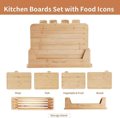 Fiery Chef 12.6"L x 9"W Bamboo Cutting Board Set of 4 - Wood Cutting Board Set with Holder, Chopping Boards Set with Food Icons, Juice Groove - Ideal for Meat, Fish, Bread, Vegetable, Fruit Chopping