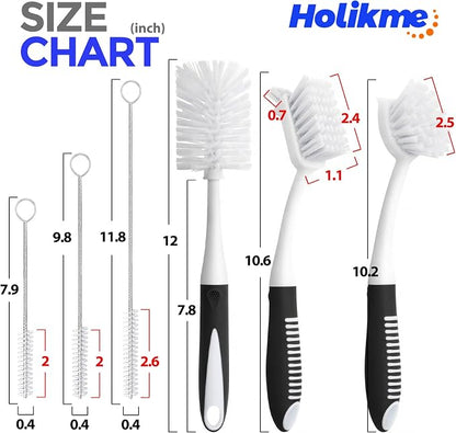 Holikme 6 Pack Dish Brush Set with Bottle Brush, Dish Scrub Brush, Pan Brush and 3 Straw Brushes, Deep Cleaning Handle Brush with Scraper Tip for Kitchen Sink Dishes Bottle Cup Pot and Pans (Black)
