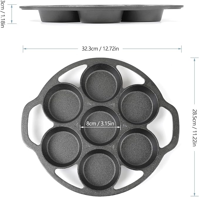 HAWOK Cast Iron Fried Egg Pan biscuit muffins and scones cake Pan With 7-Mold Design
