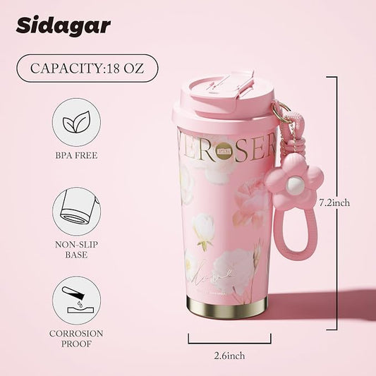 Insulated Travel Coffee Mug,18 oz Stainless Steel Coffee Tumbler with Flip Straw, Double Wall Thermal Cup with Leak Proof Lid,Reusable Ceramic Water Bottle for Office, Pink