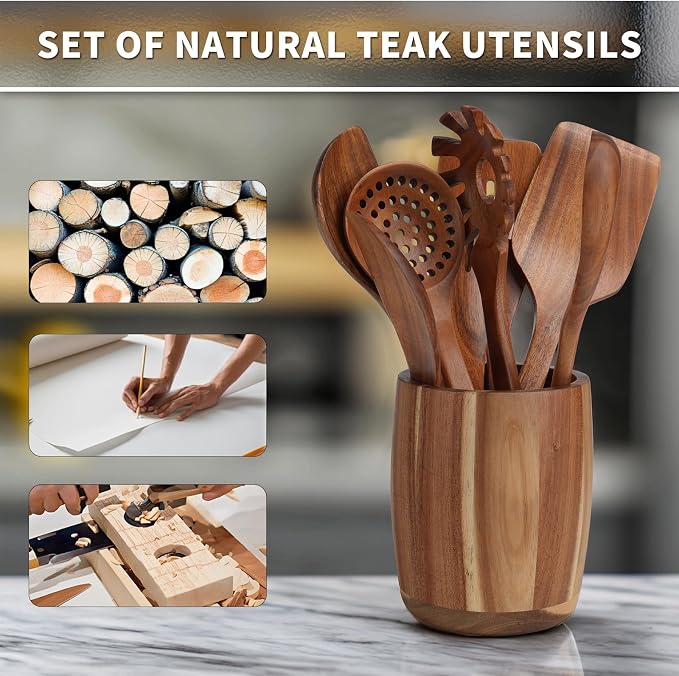 9 PCS Kitchen Utensils Set - Wooden Spoons for Cooking, Natural Teak Wooden Utensils - Includes Wooden Spoons, Spatula Set, Slotted Spoon - Handmade Wooden Spoon Set