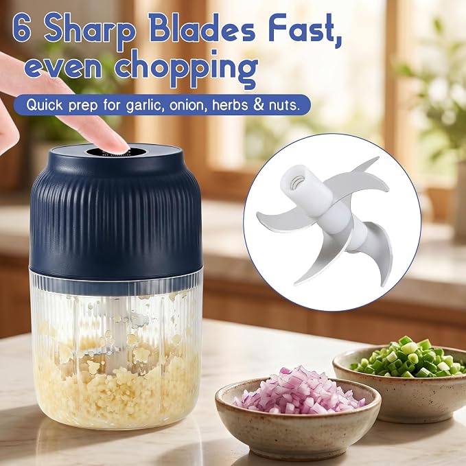 Electric Garlic Chopper, 2026 New Mini Food Processor & Food Chopper for Kitchen, Portable Cordless Garlic Mincer with 6 Stainless Steel Blades, Small Vegetable Chopper for Onion Salad (400ML Blue)
