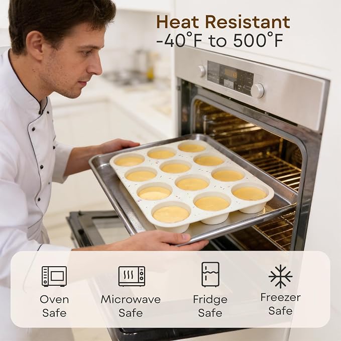 Silicone Muffin Pans for Baking Nonstick 2 Pcs, 12 Cup Regular Cupcake Pan, Food-Grade Silicone Baking Molds for Cupcakes, Egg Bites, Freezer, White