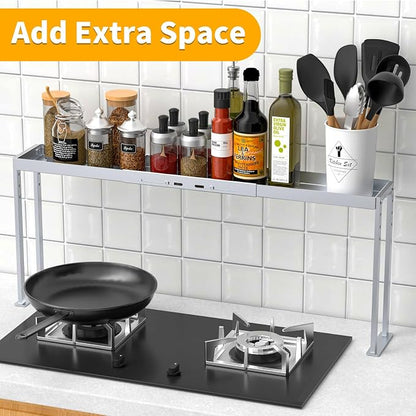 Stove Top Shelf,Adjustable 27 to 33 Inch Over the Stove Shelf for Back of Stove Spice Rack for Countertop,4 Level Height Spice Rack Organizer Seasoning Organizer for Kitchen Stove,Silver