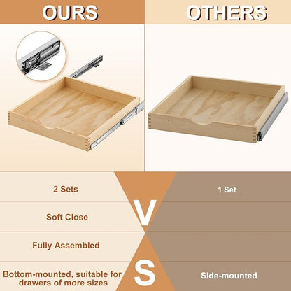 Menkxi 2 Set Wooden Pull out Cabinet Organizer Fully Assembled Slide out Pantry Drawer with Gentle Close Storage Shelf Tray for Base Kitchen Under Sink Bathroom Accessory(Wood Color,21'' X 21'' X 3'')