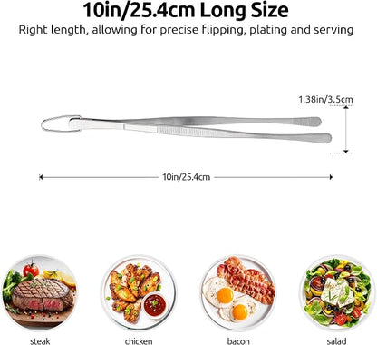 U-Taste 10in Kitchen Cooking Tweezer: 18/8 Stainless Steel Food-Grade Metal Food Tong, Seamless-Welding, Sturdy, Flexible and Non-Slip for Pasta Salad Serving, Grilling, Frying, Baking (Round Tip)